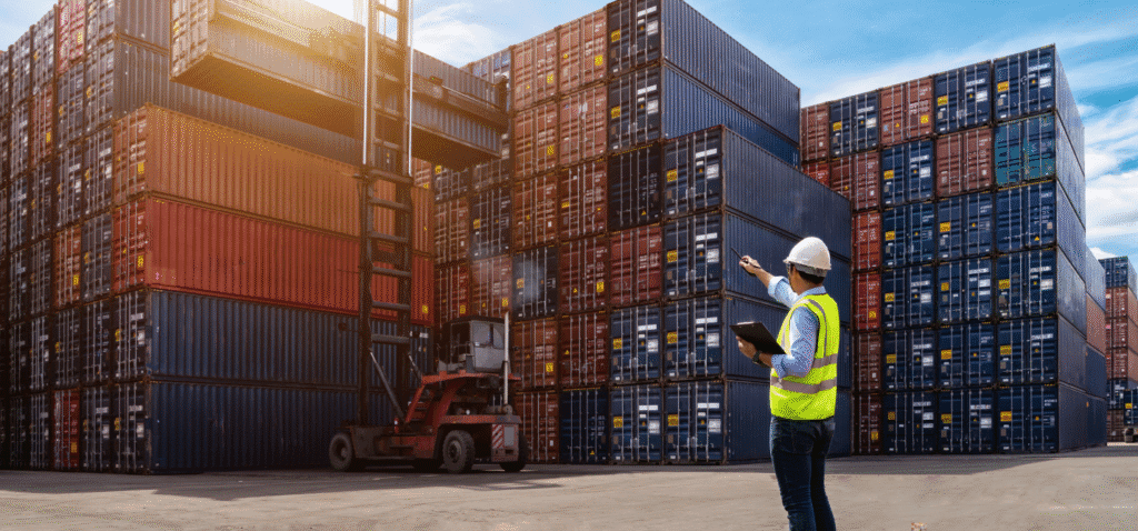 Warehouse with crates and cargo containers, global map overlay showing shipping routes from China