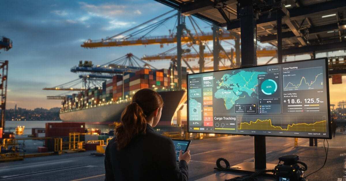 Dashboard showing live cargo tracking, global map, GPS routes & shipment status indicators
