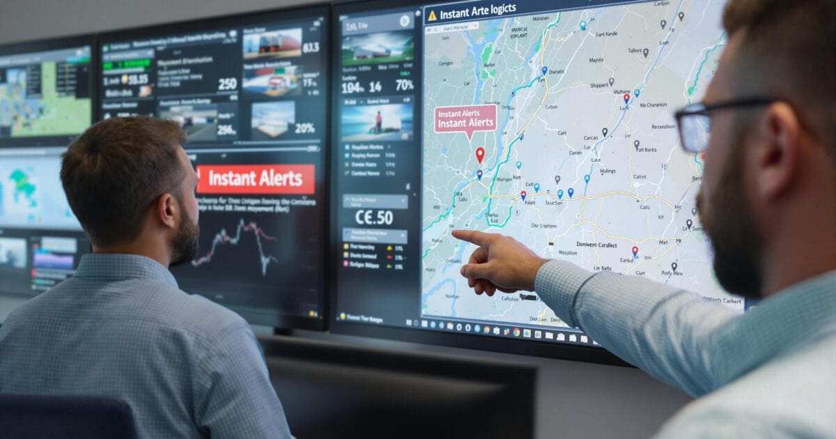Global cargo tracking dashboard with map showing live shipment routes and status updates