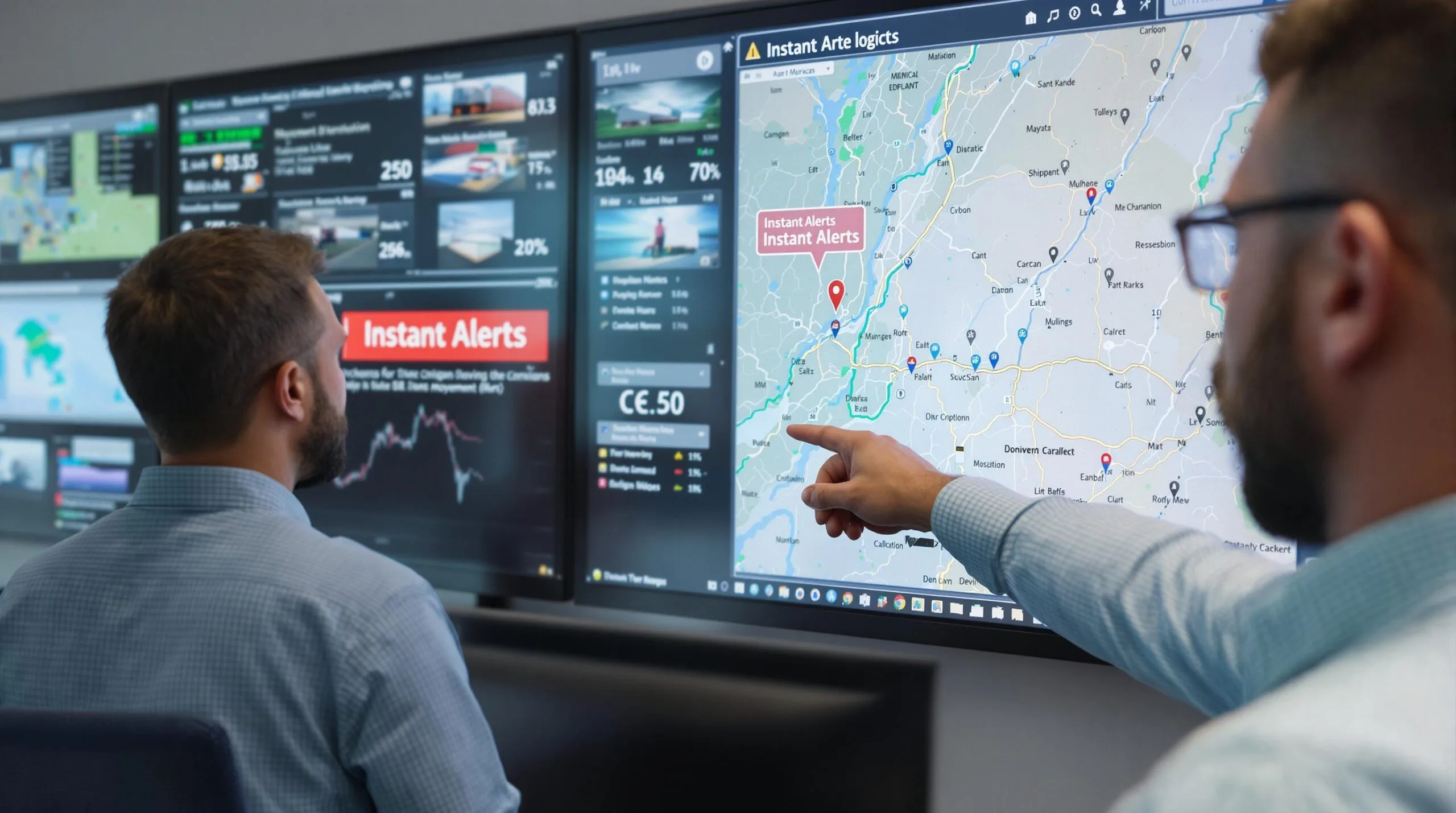 Logistics team viewing live cargo tracking and instant alert dashboard