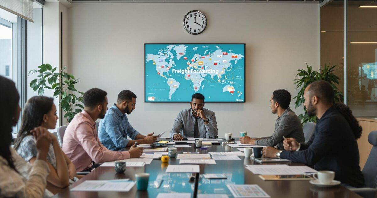 Diverse freight forwarders analyzing documents in global shipping office