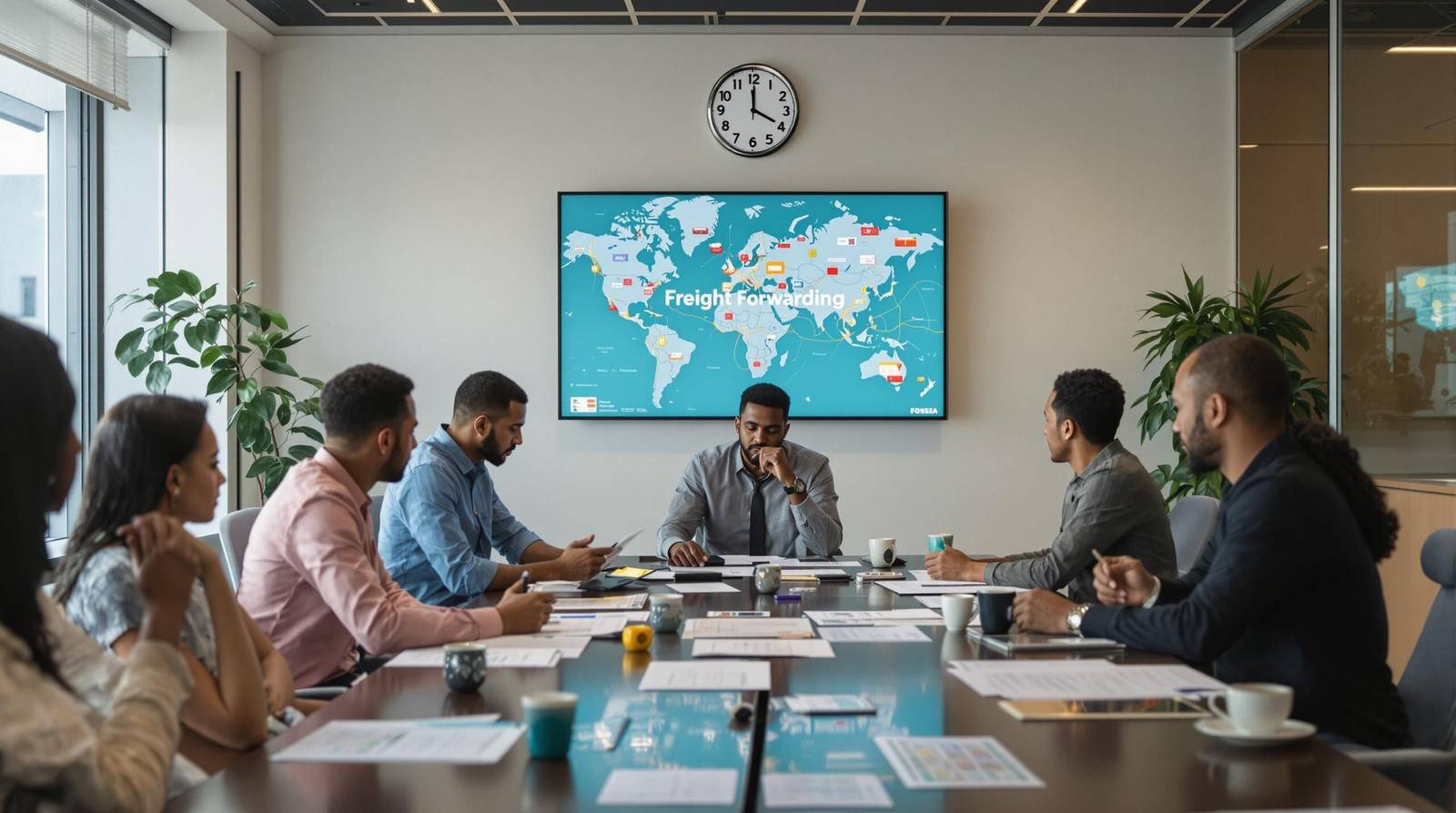 Diverse freight forwarders analyzing documents in global shipping office