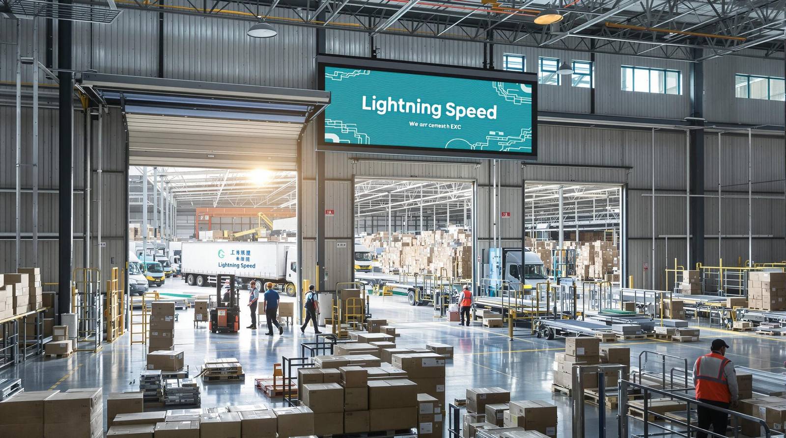 Busy Chinese shipping warehouse with workers, packages, and speed-focused logistics