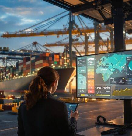 Port workers and professionals using digital cargo tracking at sunrise