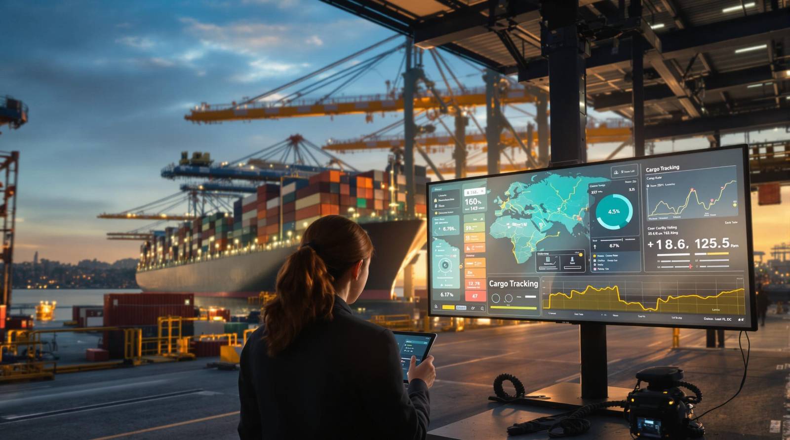 Port workers and professionals using digital cargo tracking at sunrise