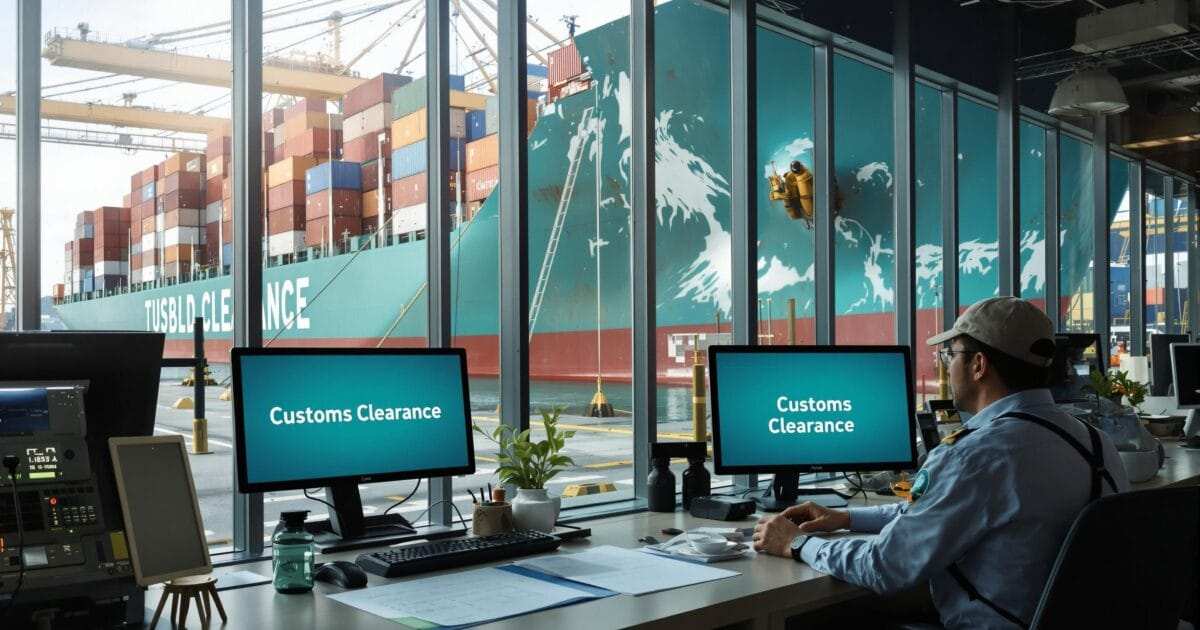 Customs officers and business professionals examining paperwork at a busy seaport checkpoint with customs clearance data displayed on a monitor