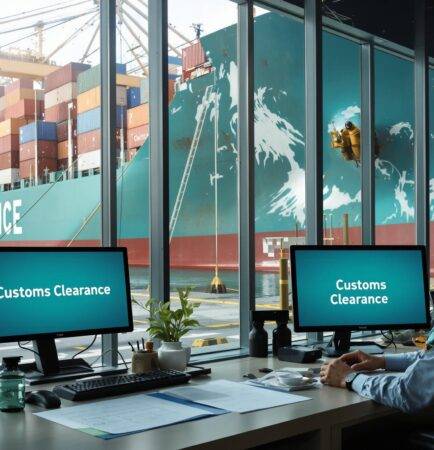 Customs officers and business professionals reviewing paperwork at a busy seaport customs checkpoint with 'Customs Clearance' displayed on a monitor