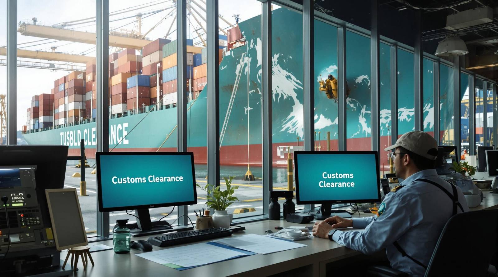 Customs officers and business professionals reviewing paperwork at a busy seaport customs checkpoint with 'Customs Clearance' displayed on a monitor