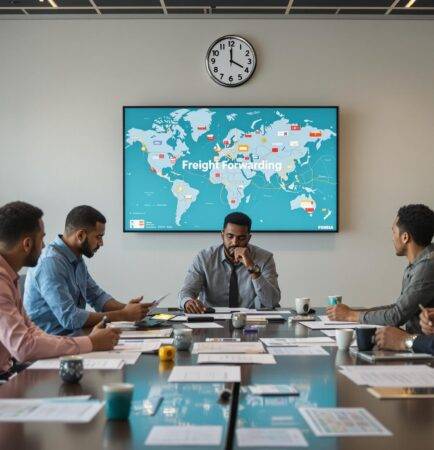 Diverse freight forwarders analyzing documents in global shipping office