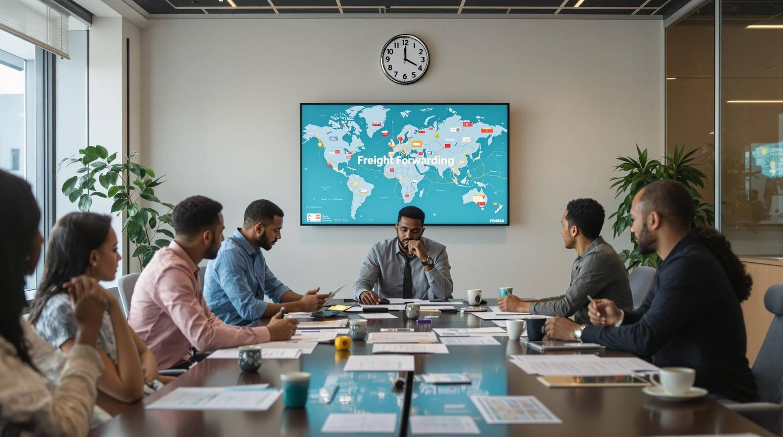 Diverse freight forwarders analyzing documents in global shipping office