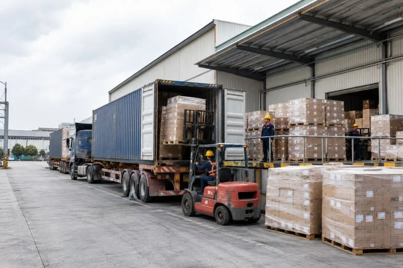 Warehouse preparing imported cargo for shipment to Pakistan