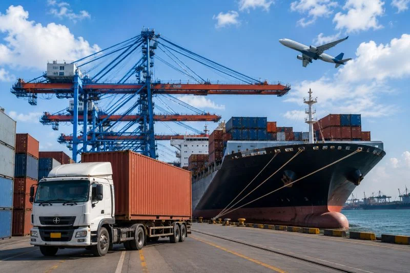 Container ship at a seaport supporting freight forwarding between China and Pakistan