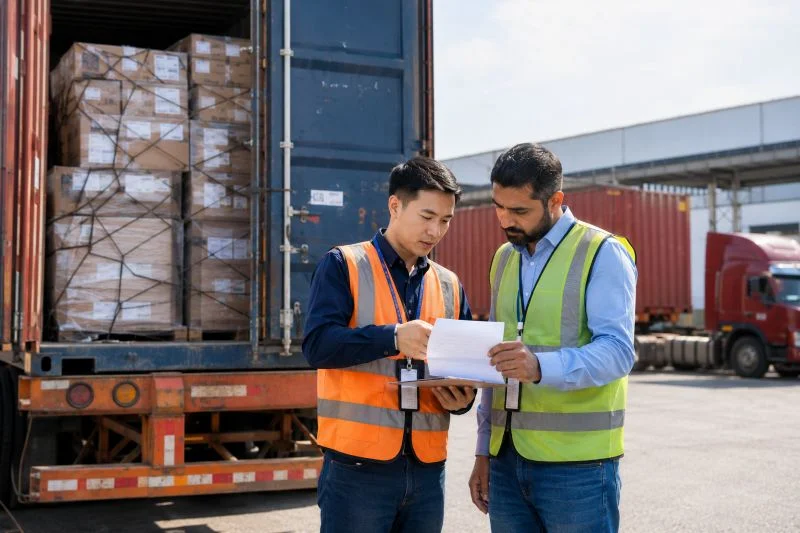 Freight inspection and cargo handling at a container warehouse